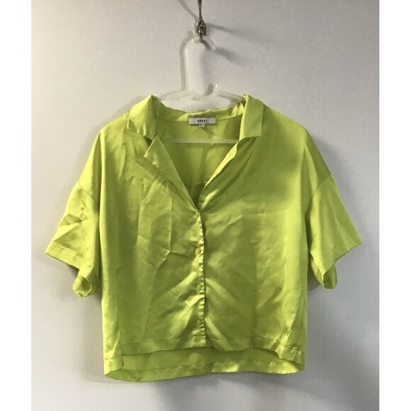 Ro & De Silky Neon Green Cropped Button Up Blouse Size XL  Shirt 💚 - Picture 1 of 4